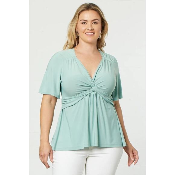 Kiyonna Top Size 1X Mint Green Abby Twist Empire Waist Flutter Sleeves Slimming - Picture 1 of 5